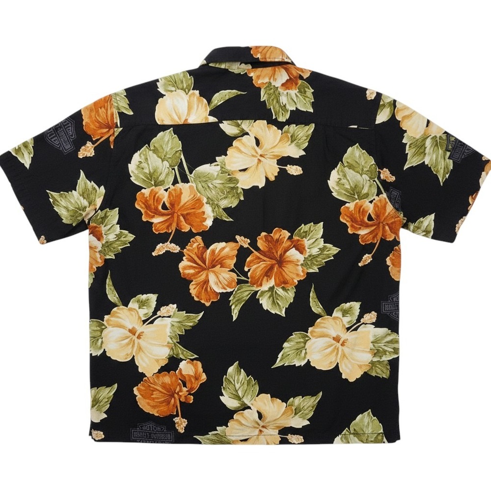 Harley Davidson Mens Black Hibiscus Floral Hawaiian Shirt Viscose Large USA Made - Picture 2 of 11